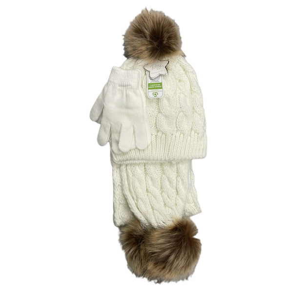 CHUNKY CABLE FAUX FUR POM HAT, SCARF, GLOVE SET