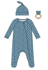 MOON AND STARS FOOTIE LOUNGEWEAR, KNOT HAT AND RATTLE 3PC SET