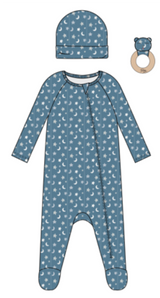 MOON AND STARS FOOTIE LOUNGEWEAR, KNOT HAT AND RATTLE 3PC SET