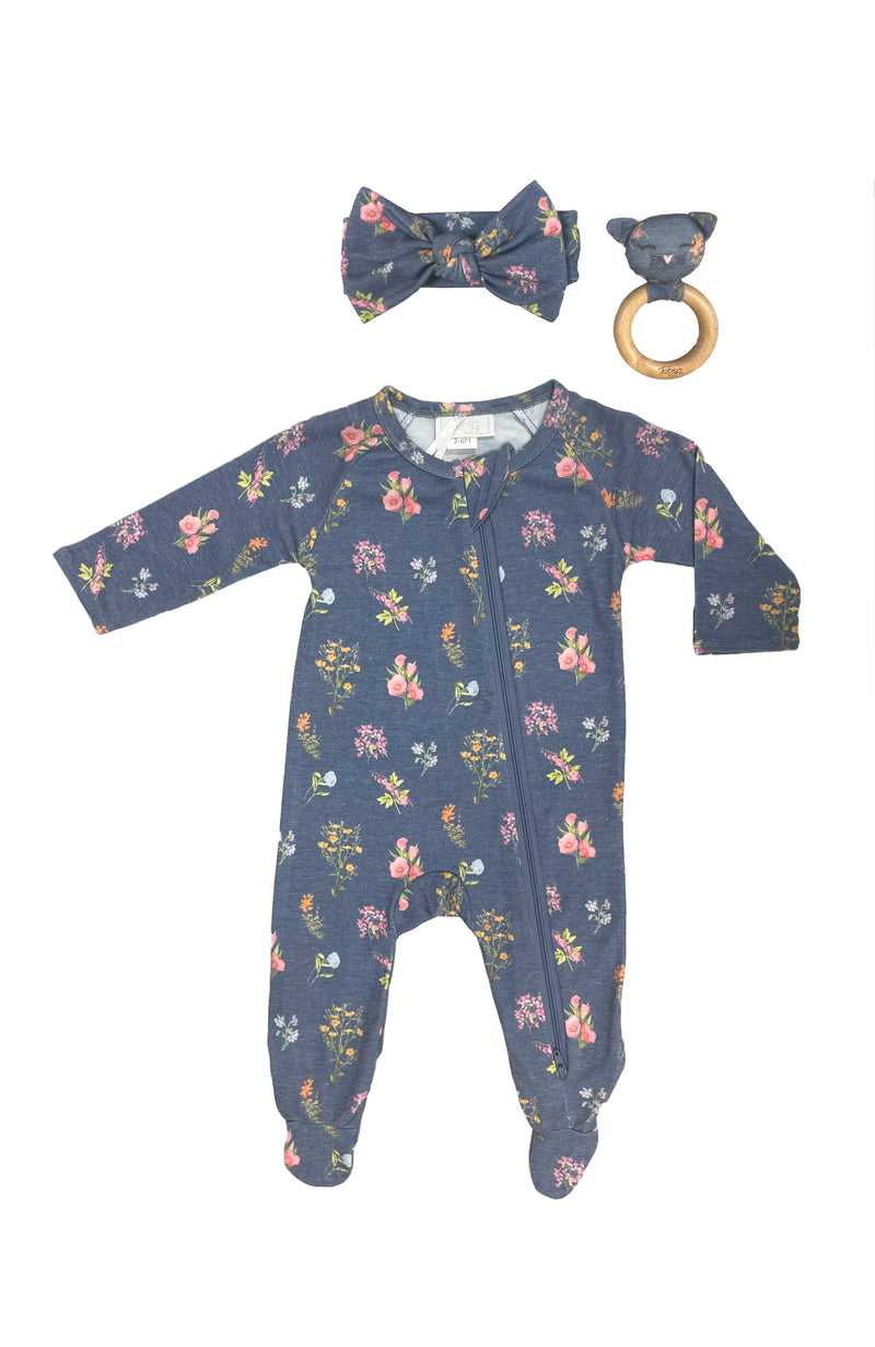 Botanical Floral Headband, Footie and Rattle Set