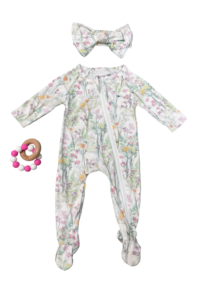 Painterly Floral Headband, Footie and Teether Set