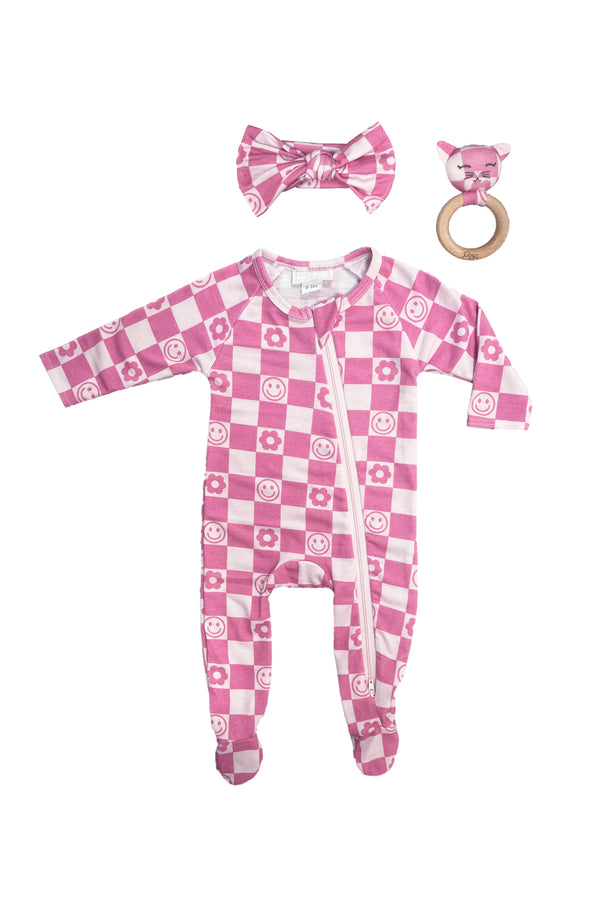 Smiley Flower Check Headband, Footie and Rattle Set