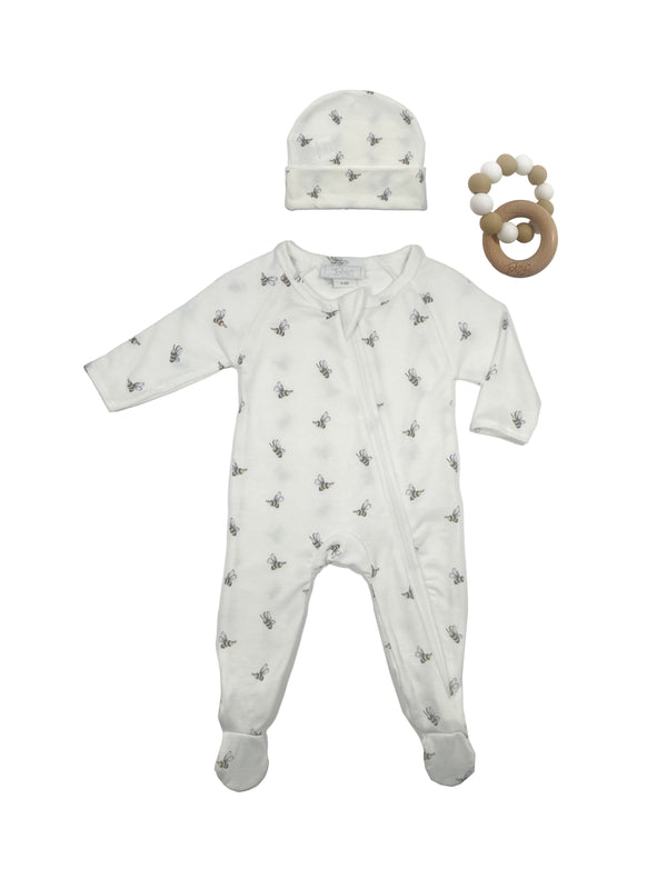 Bee Ditsy Hat, Footie and Teether Set