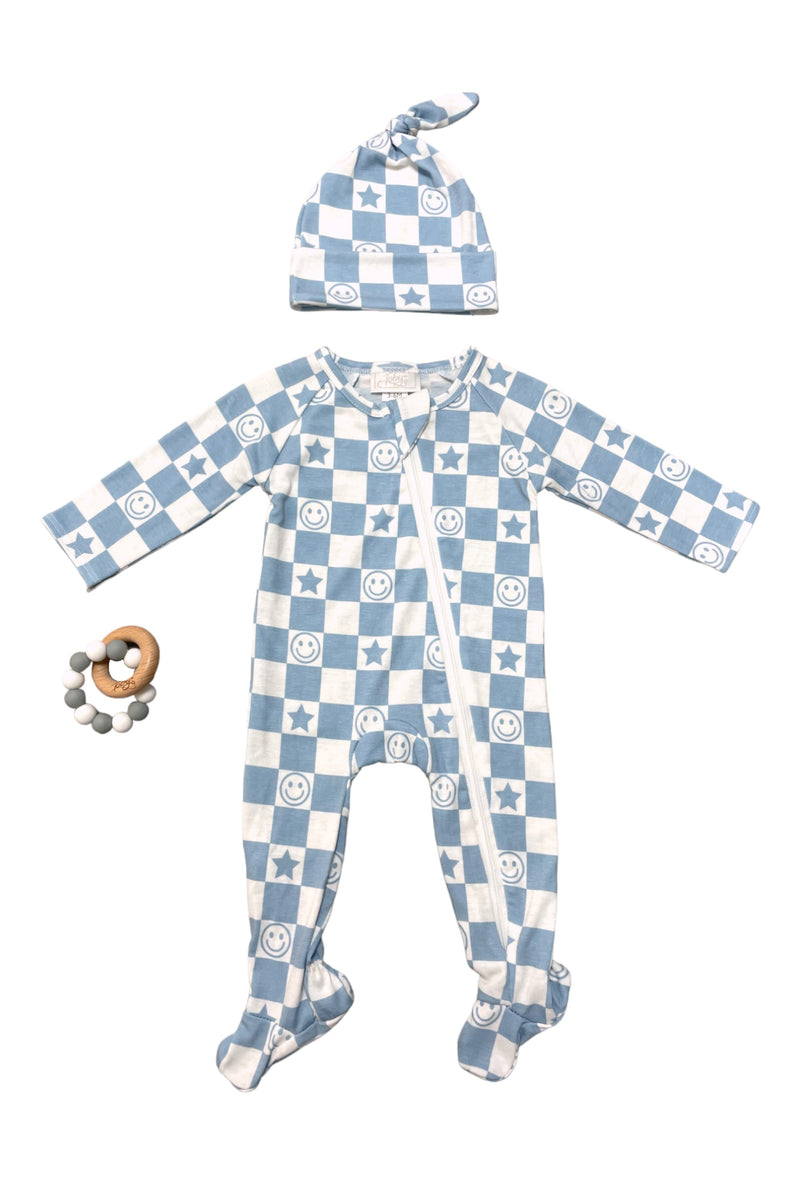 Smiley and Star Check Hat, Footie and Teether Set