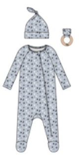 MOON AND STARS FOOTIE LOUNGEWEAR, KNOT HAT AND RATTLE 3PC SET