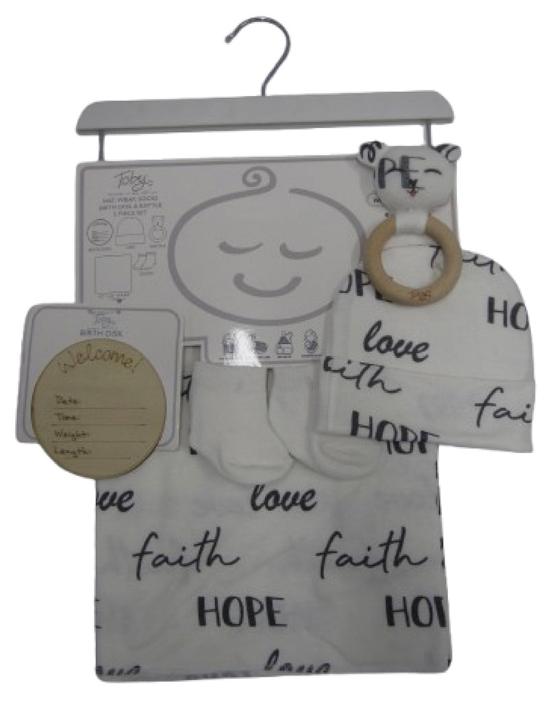 5PC LOVE, HOPE AND FAITH BLANKET,HAT, SOCKS, DISC AND RATTLE