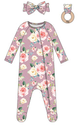 3PC SET ROSALIA FOOTIE LOUNGEWEAR, HEADBAND AND RATTLE