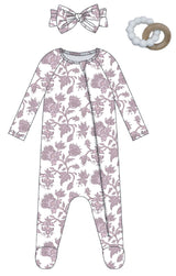 3PC SET PAISLEY FLORAL FOOTIE LOUNGEWEAR, HEADBAND AND TEETHER
