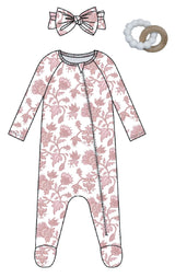 3PC SET PAISLEY FLORAL FOOTIE LOUNGEWEAR, HEADBAND AND TEETHER