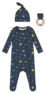 3PC SET WATERCOLOR PLANETS FOOTIE LOUNGEWEAR, KNOT HAT AND RATTLE