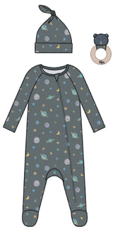 3PC SET WATERCOLOR PLANETS FOOTIE LOUNGEWEAR, KNOT HAT AND RATTLE