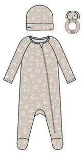 3PC SET PUPPY DOG FOOTIE LOUNGEWEAR, HAT AND RATTLE STAR