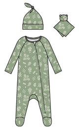 3 PC SET ALL OVER PAISLEY FOOTIE LOUNGEWEAR, KNOT HAT AND LOVIE