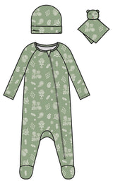 3 PC SET ALL OVER PAISLEY FOOTIE LOUNGEWEAR, KNOT HAT AND LOVIE