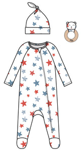 3PC SET WATERCOLOR STARS FOOTIE LOUNGEWEAR, KNOT HAT AND RATTLE