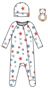 3PC SET WATERCOLOR STARS FOOTIE LOUNGEWEAR, KNOT HAT AND RATTLE