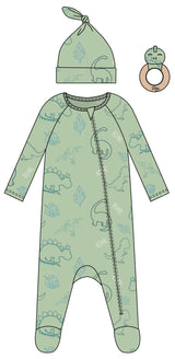 3PC SET ROAR! DINO FOOTIE LOUNGWEAR, KNOT HAT AND RATTLE
