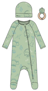 3PC SET ROAR! DINO FOOTIE LOUNGWEAR, KNOT HAT AND RATTLE