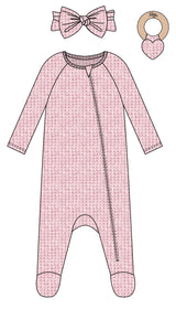 3PC SET WAFFLE KNIT FOOTIE LOUNGEWEAR, HEADBAND AND HEART RATTLE