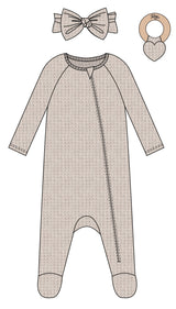 3PC SET WAFFLE KNIT FOOTIE LOUNGEWEAR, HEADBAND AND HEART RATTLE