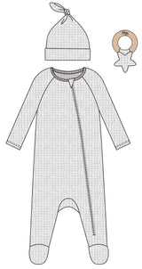 3PC SET WAFFLE KNIT INTERLOCK WITH EMBROIDERED STAR FOOTIE LOUNGEWEAR, KNOT HAT AND RATTLE