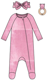 3PC SET STRETCH VELVET FOOTIE LOUNGEWEAR, HEADBAND AND RATTLE