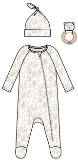 3PC SET WHIMSICAL WOODLAND FOOTIE LOUNGWEAR, KNOT HAT AND RATTLE