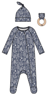 3PC SET WHIMSICAL WOODLAND FOOTIE LOUNGWEAR, KNOT HAT AND RATTLE