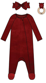 3PC SET STRETCH VELVET FOOTIE LOUNGEWEAR, HEADBAND AND RATTLE