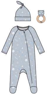 3PC SET WATERCOLOR PLANETS FOOTIE LOUNGEWEAR, KNOT HAT AND RATTLE