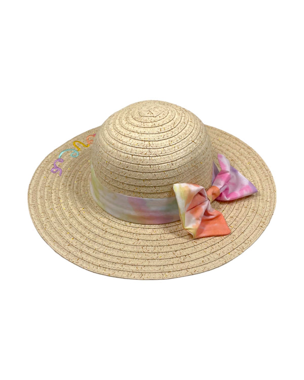 RAINBOW TIE DYE BOW PAPER STRAW HAT WITH "LOVE" EMBROIDERY