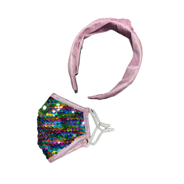 Angel Face Stripe Rainbow Sequin Mask & Pink Headband